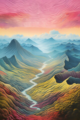Illustration de style vintage d'un paysage de montagne hyper coloré