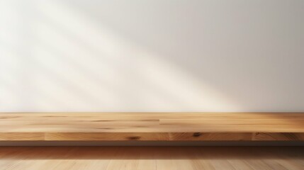 Sunlit Wooden Podium with Shadow on White Wall. Generative ai - obrazy, fototapety, plakaty