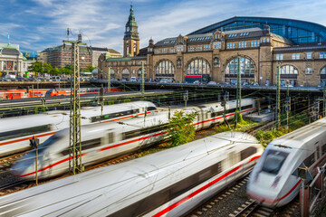 Hamburg, Germany. The main railway station (German: Hauptbahnhof) with trains arriving and departing. - Powered by Adobe