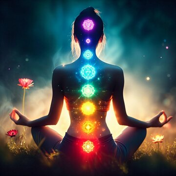 Yoga meditation outdoors. Woman sits in a Lotus pose in nature. Colorful chakras and aura glow. Kundalini energy. Zen practicing. Spiritual practice. Relaxation. Esoteric. Generative AI
