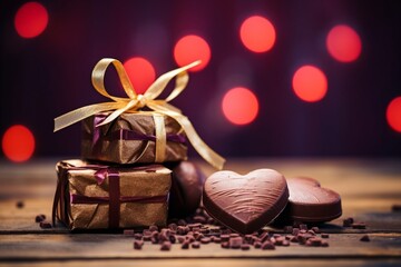 Romanticized Chocolate Gifts on a Rustic Table with Light Bulbs