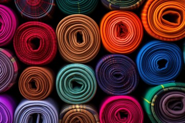 Vivid Collection of Color-Blocked Fabric Rolls in Diverse Cultural Styles