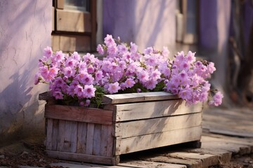 Fototapeta na wymiar Sun-Kissed Wooden Planter with Pink Flowers by Rustic Building