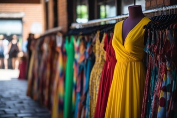 Fototapeta premium Colorful Dresses on Mannequins at Streetside Shopping Location