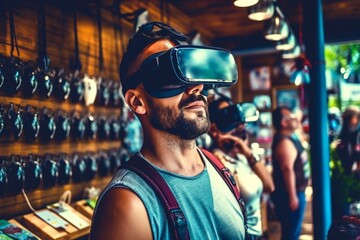 Man Experiences Virtual Reality in Rustic Coffee Shop Environment - obrazy, fototapety, plakaty