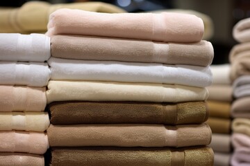 Obraz na płótnie Canvas Assortment of Folded Towels in Light Gold and Bronze Hues