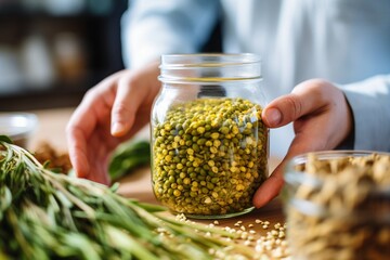 Man Pouring Millet Seeds Captured in Raw Authenticity and Detailed Macro Photography