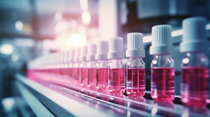 Pharmaceutical Production Line with Medical Vials. Generative ai