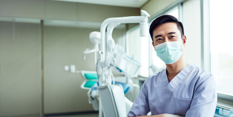 Young Asian man working as dentist, wearing face mask posing at his office or clinic. Generative AI