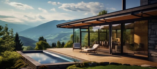 Luxury Villa with Mountain Views: Modern Minimalist Glamping. Generative ai - obrazy, fototapety, plakaty