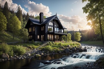 Fototapeta na wymiar house on the river in the mountains
