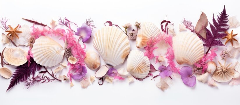 An overhead view of a frame isolated on a white background filled with sea shells dried flowers twigs leaves and petals The frame has an oil painting effect and is lying down