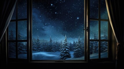  a snowy night outside of a window with a view of a snowy forest outside of a window with a view of the stars and the night sky.  generative ai