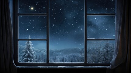  a window with a view of a snowy mountain and a forest at night with a full moon in the sky.  generative ai