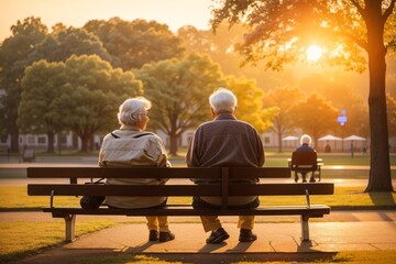 couple sitting on a bench in the park - obrazy, fototapety, plakaty