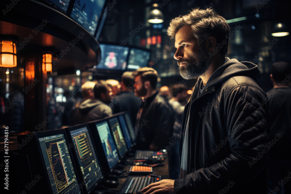 Aufkleber a bustling stock exchange floor with traders making swift transactions, portraying the dynamics of f