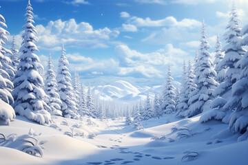 winter snowy landscape illustration. charming winterland of spruce woods on frosty sunny day - obrazy, fototapety, plakaty