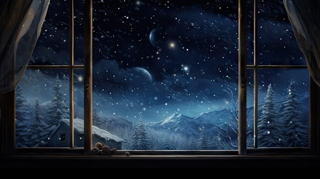  a window with a view of a snowy mountain and a night sky filled with stars and the moon in the sky.  generative ai