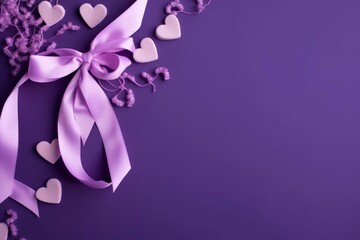 Valentine's card with violet background, ribbon, hearts, copy space. Peri color trend. Generative AI