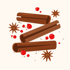 Cinnamon sticks, star anise stars, red berries. Ingredients for warm winter drinks, mulled wine, hot glogg. Eastern spices. Vector seasonal illustration on a light background.