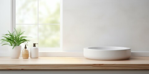 Fototapeta na wymiar Wooden Table Display in Pristine White Bathroom Interior. Generative ai