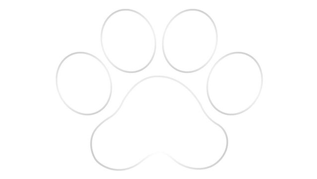 Animated linear cat silver footprint. A cat's paw print appears. Looped video. Vector illustration isolated on white background