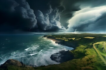 A dramatic thunderstorm brewing over a dramatic coastline.
