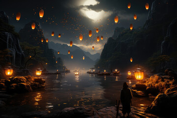 A serene scene of Buddhist worshippers releasing lanterns during Yi Peng in Thailand, creating a breathtaking spectacle. Generative Ai.