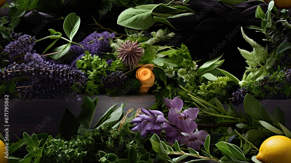 Poster a table topped with lots of different types of flowers and greenery next to lemons and lemon wedges.