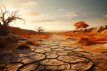 Foto op Canvas A cracked and parched desert landscape, exemplifying the severe droughts and water scarcity caused by global warming. Concept of desertification and climate change. Generative Ai. © Sebastian