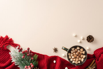 Seasonal delight: A top-down view of a decadent hot chocolate mug, anise, cinnamon sticks,...