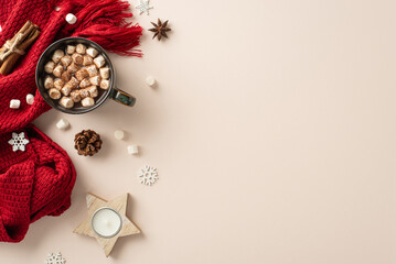 Cozy winter vibes: Top-view shot of a steaming cocoa mug with marshmallows, candle, spices, and knitted scarf on a pastel backdrop, perfect for adding your message