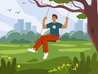 Person at swings in park vector
