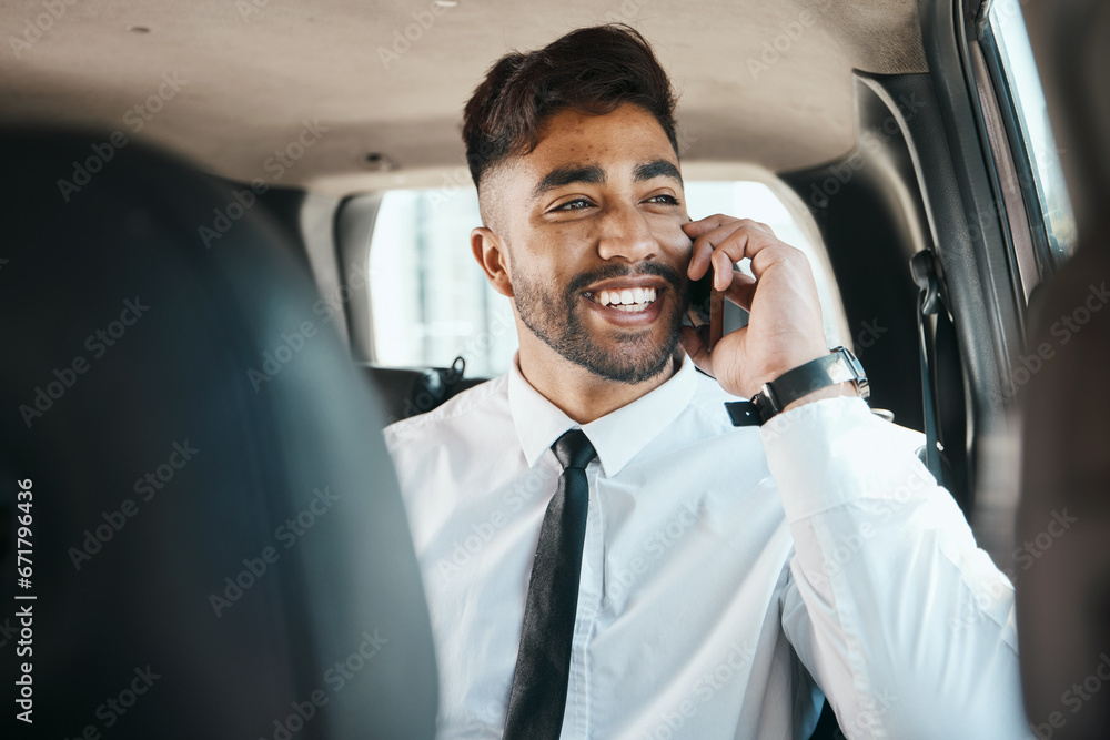 Poster happy man, phone call and travel in business car on tech communication, mobile networking or journey