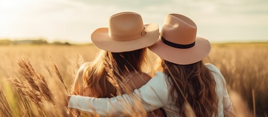 Concept of girls friendship Two joyful best friends wearing hats affectionately kissing each other s cheeks while enjoying the outdoors on grass - obrazy, fototapety, plakaty