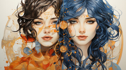 Obraz premium Gemini: A dynamic portrayal of the Twins, with two individuals intertwined and full of curiosity, representing the Gemini zodiac sign