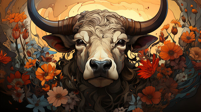 Taurus: A serene and majestic bull amidst lush, blooming fields, symbolizing the Taurus zodiac sign