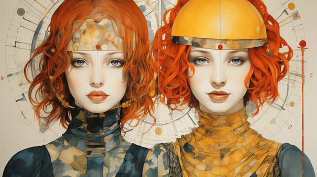 Gemini: A dynamic portrayal of the Twins, with two individuals intertwined and full of curiosity, representing the Gemini zodiac sign