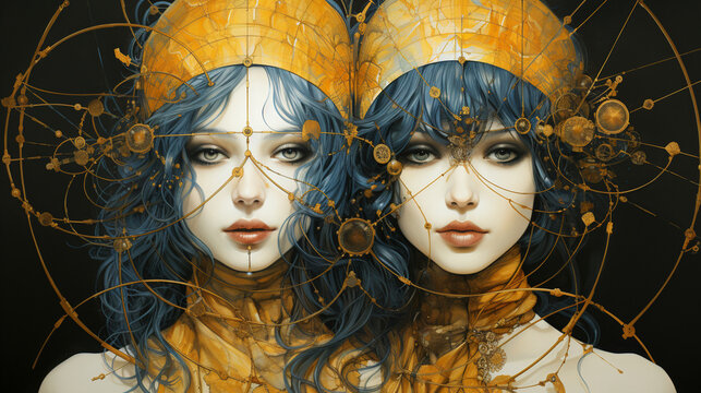 Gemini: A dynamic portrayal of the Twins, with two individuals intertwined and full of curiosity, representing the Gemini zodiac sign