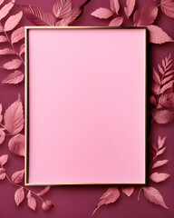 pink leaf frame, copy space ,text space,minimal composition,pink color,greeting card