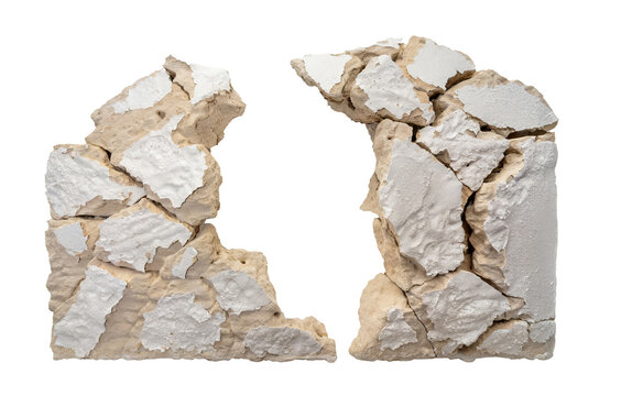a ruined, collapsed, cracked, or broken concrete white mud wall, isolated on a transparent background. PNG, cutout, or clipping path.	
