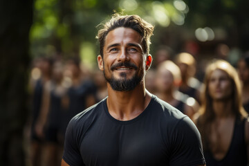 A fitness instructor leading a group in an outdoor exercise class, promoting the importance of physical activity for health. Generative Ai.