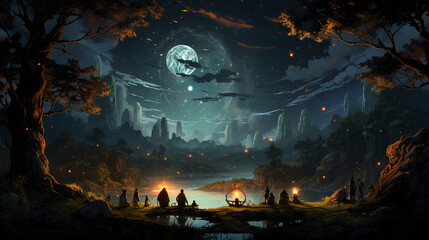 Obraz premium A Zodiac Gathering: A whimsical scene featuring all the zodiac signs gathered together for a celestial meeting under the stars