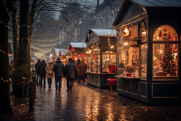 crowded Christmas market with decorated stalls with lots of souvenirs, crafts and treats during winter holidays. cozy atmosphere
