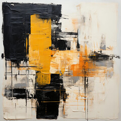 A Black, White, Yellow and Orange Abstract Oil Painting