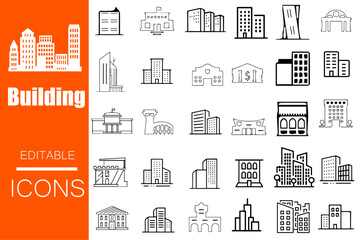 Building Line Editable Icons set. Simple minimal Line Vector illustration in modern thin line style of types of residential and public buildings: condo, government, school, church, - obrazy, fototapety, plakaty