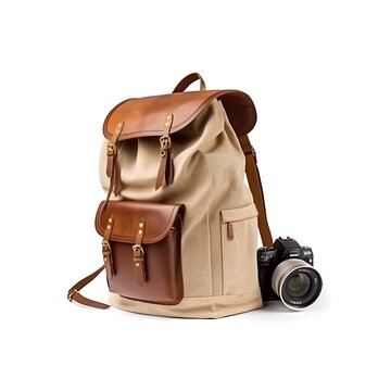 a backpack and camera on a white background