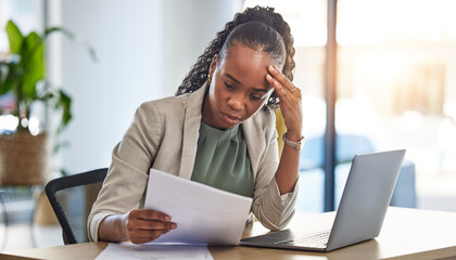 Laptop, document and businesswoman with stress in the office while working on a project deadline. Overworked, computer and African female lawyer with burnout reading legal paperwork in the workplace.