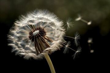 An authentic depiction of a dandelion seedhead gently swaying in the wind. Generative AI