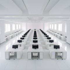 a large room with computers and tables